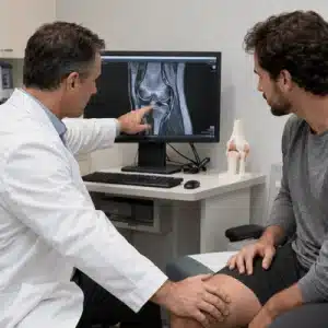 An orthopedic doctor reviews a knee MRI with a patient while discussing treatment options and expected acl surgery recovery time