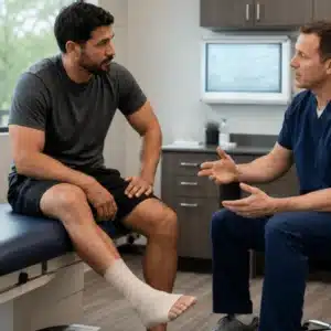 A patient discusses an ankle injury with a provider during an orthopedic urgent care visit
