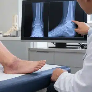 A doctor points to ankle X-rays on a monitor beside a patient’s bruised ankle during a sprained ankle vs broken ankle evaluation