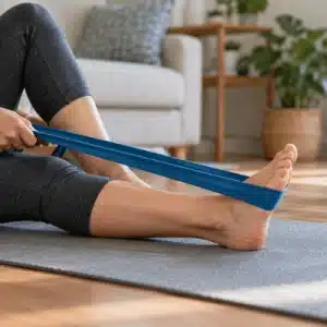 A person performs a seated ankle exercise with a blue resistance band at home, illustrating rehabilitation for a sprained ankle vs broken ankle article