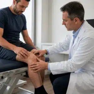 A knee joint pain doctor near me carefully checks a patient’s knee during an orthopedic clinic visit