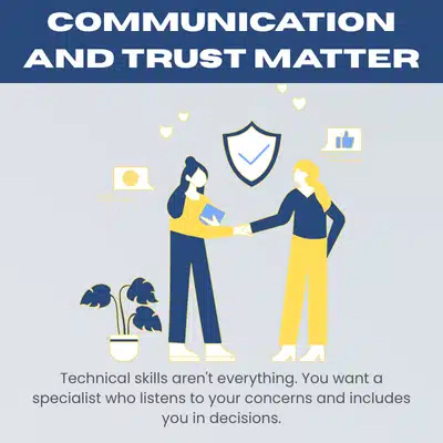 Flat style infographic emphasizes communication and trust when choosing healthcare specialists, featuring handshake and icons