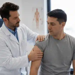 A doctor examines the shoulder of a Dallas SLAP tear patient during an in-office physical assessment.