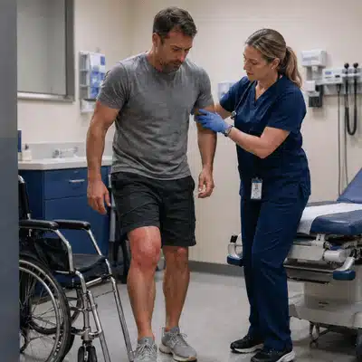 A nurse supports a patient with a swollen red knee before knee specialists assess his injury