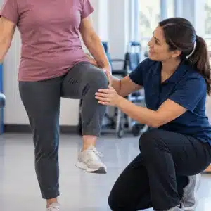 A physical therapist guides a patient through a knee-lifting exercise to rebuild mobility and strength during hip replacement recovery time