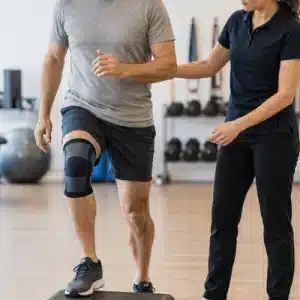 A physical therapist guides a man wearing a knee brace through a controlled stepping exercise, demonstrating can you walk with a torn ACL during supervised rehabilitation