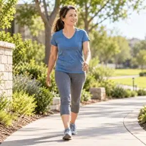 A woman walks independently outdoors as she returns to normal daily activities following her hip replacement recovery time