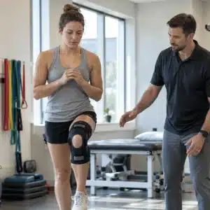 A woman performs a single-leg balance exercise with a knee brace while a therapist monitors her acl surgery recovery time