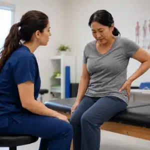 A clinician checks a seated patient’s hip discomfort during gluteus medius tear surgery recovery in a medical clinic