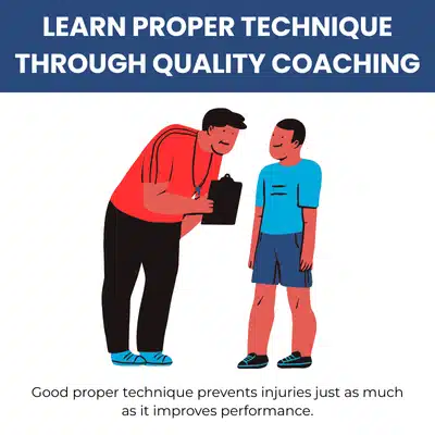 Illustrated coach instructs athlete, emphasizing proper technique and training to prevent injuries and improve performance