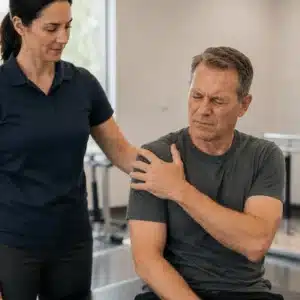 A patient holds his painful shoulder while a physical therapist observes him during an evaluation related to when not to have rotator cuff surgery