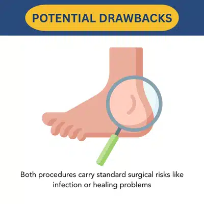Illustrated foot with magnifying glass highlights surgical risks like infection and healing complications after surgery