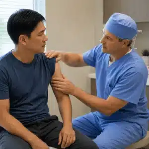A Dallas shoulder specialist in surgical scrubs examines a patient’s shoulder while discussing advanced treatment options